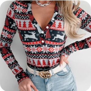 Nanamacs Holiday Bodysuit Size Large Black Red Gray Long Sleeve Henley Stretch